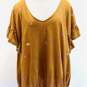 NWT SONOMA Women Short Sleeve Pull Over Elastic Waist Floral Blue Shirt Size 4X